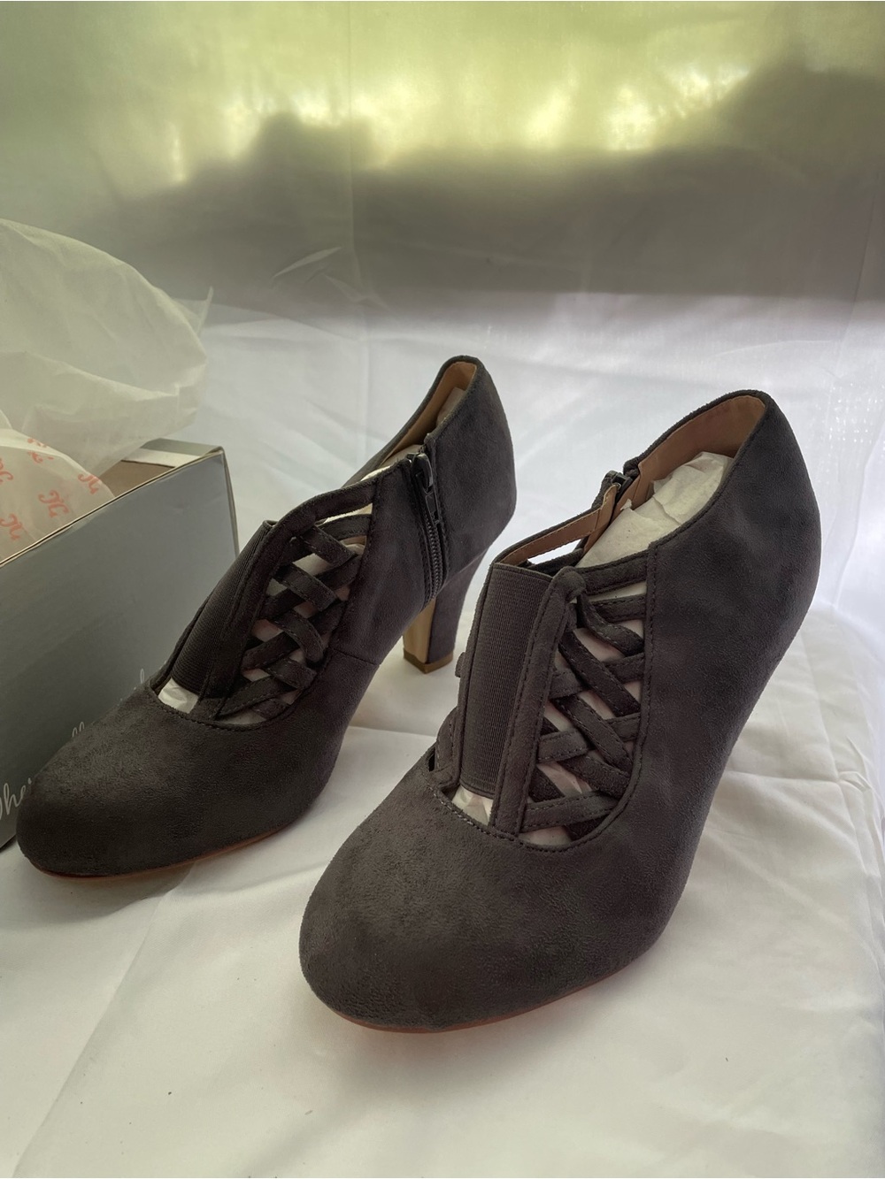 Women’s Dark Gray Faux Suede Lace-Front Heel Booties